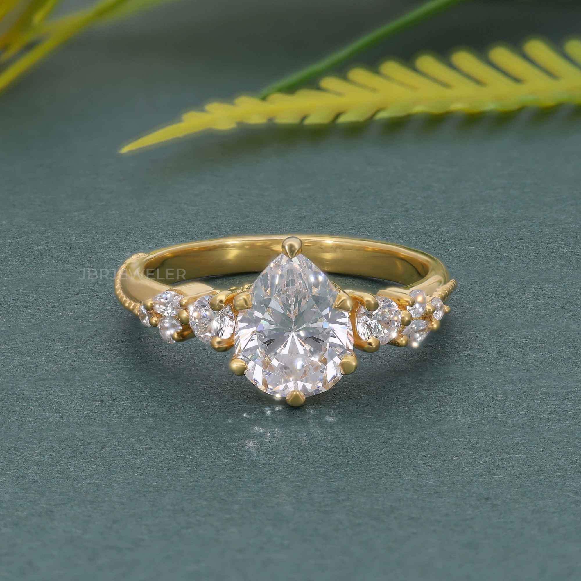 Milgrain Three Stone Pear Lab grown Diamond Engagement Ring - JBR Jeweler