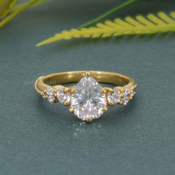 Milgrain Three Stone Pear Moissanite Diamond Engagement Ring