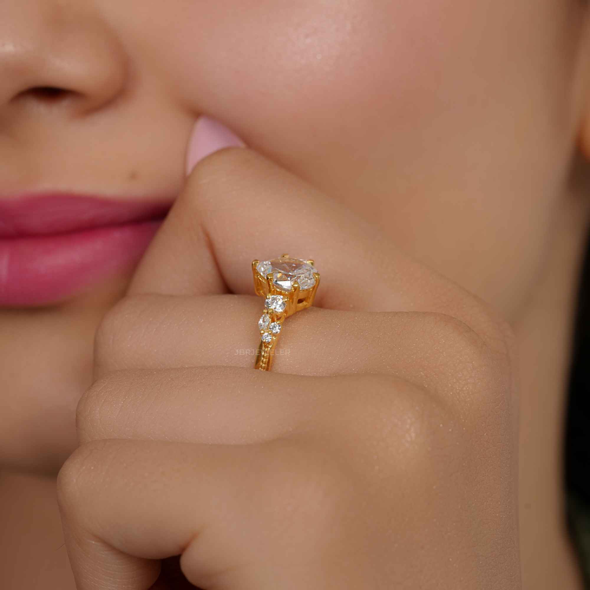 Milgrain Three Stone Pear Lab grown Diamond Engagement Ring - JBR Jeweler