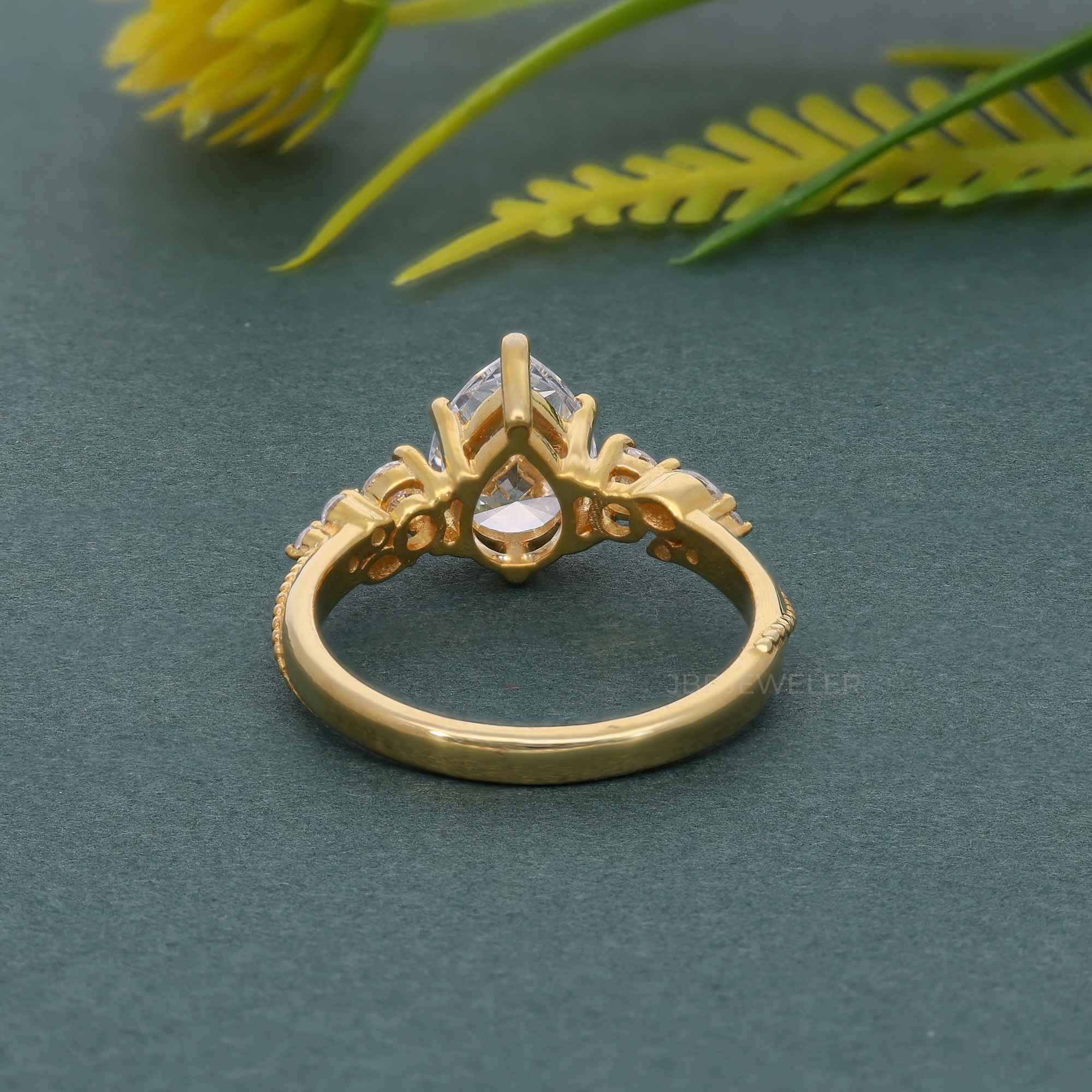 Milgrain Three Stone Pear Moissanite Diamond Engagement Ring - JBR Jeweler