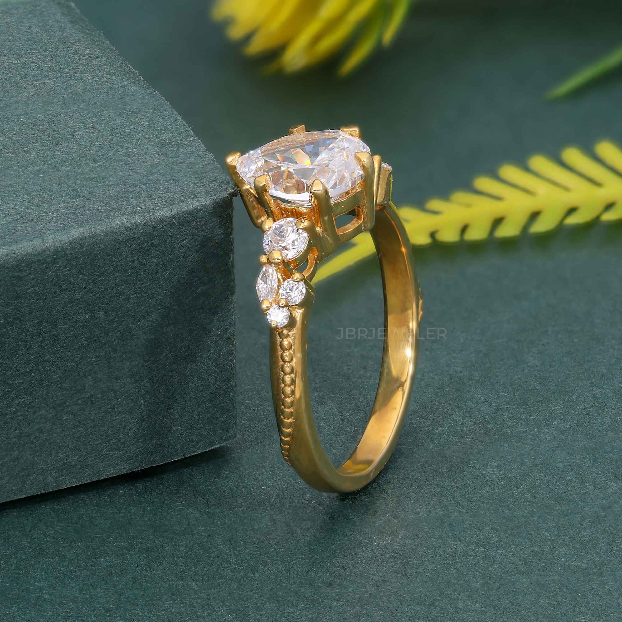 Milgrain Three Stone Pear Lab grown Diamond Engagement Ring - JBR Jeweler