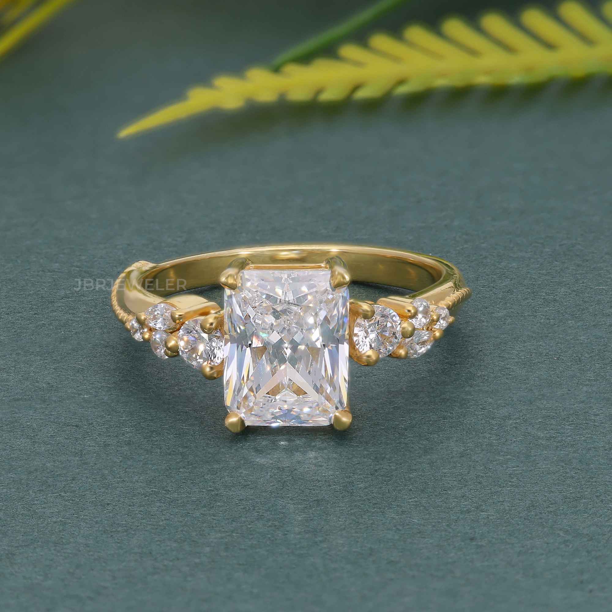 Milgrain Three Stone Radiant Lab grown Diamond Engagement Ring