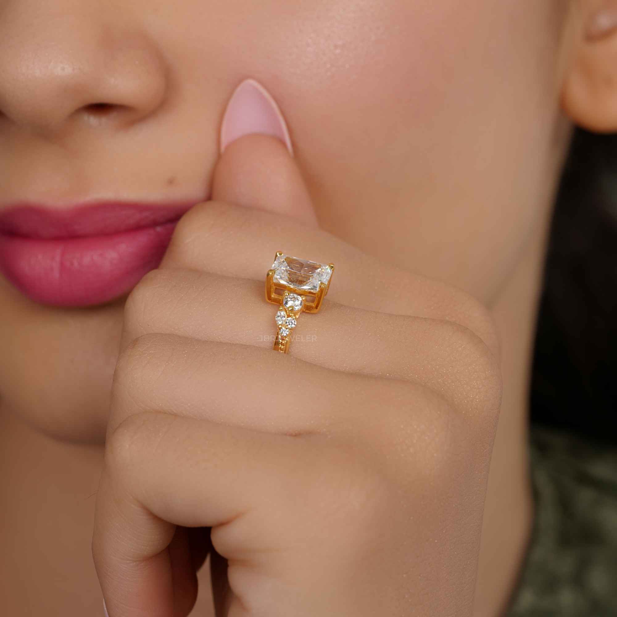 Milgrain Three Stone Radiant Moissanite Diamond Engagement Ring - JBR Jeweler