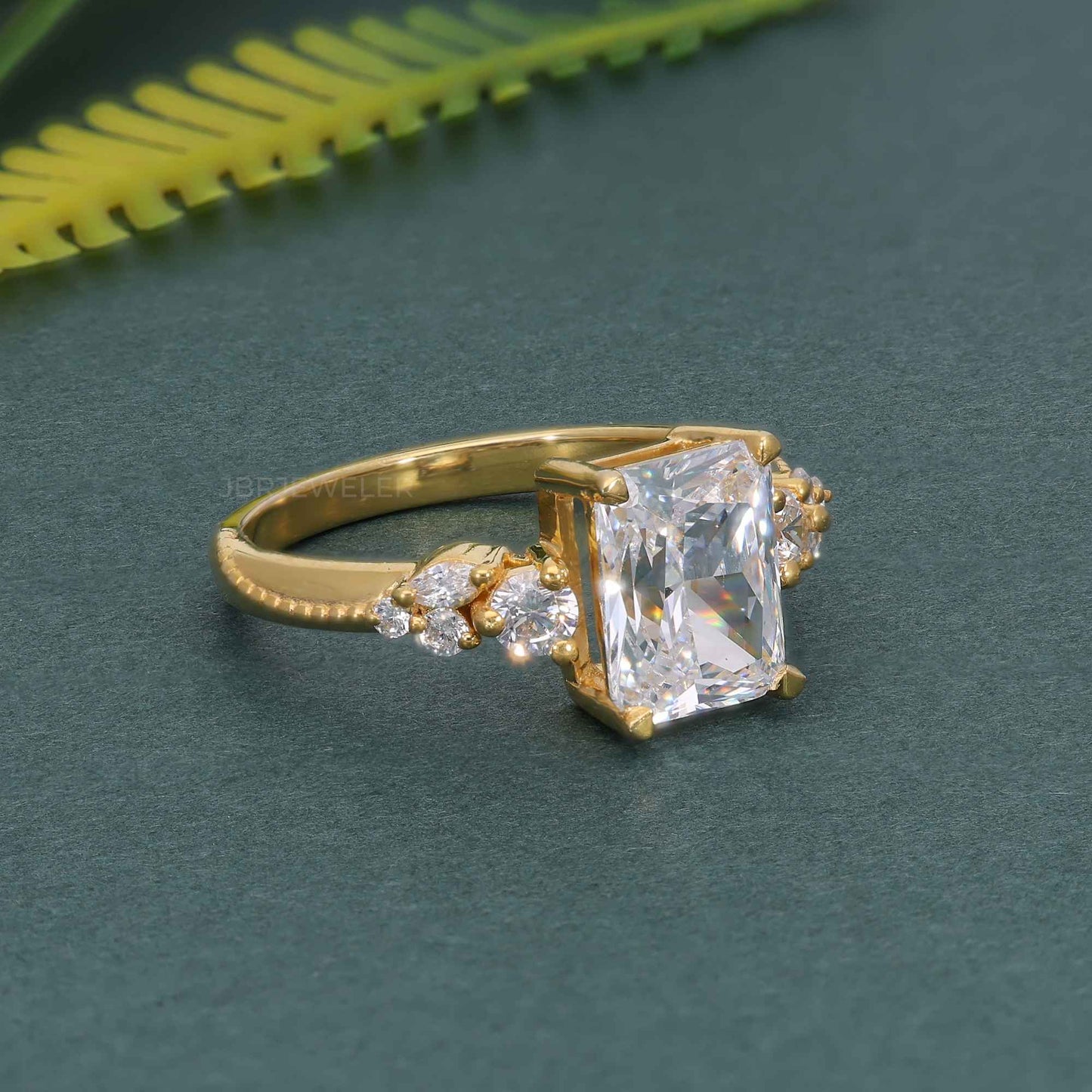 Milgrain Three Stone Radiant Lab grown Diamond Engagement Ring