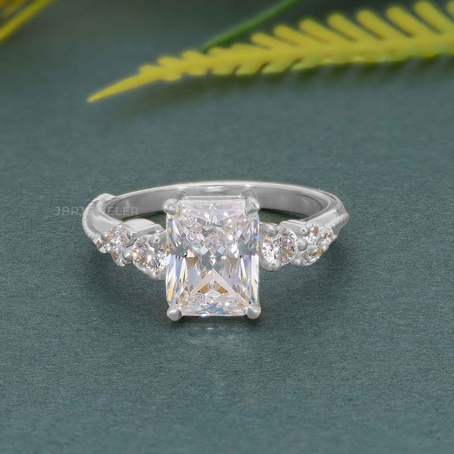 Milgrain Three Stone Radiant Lab grown Diamond Engagement Ring