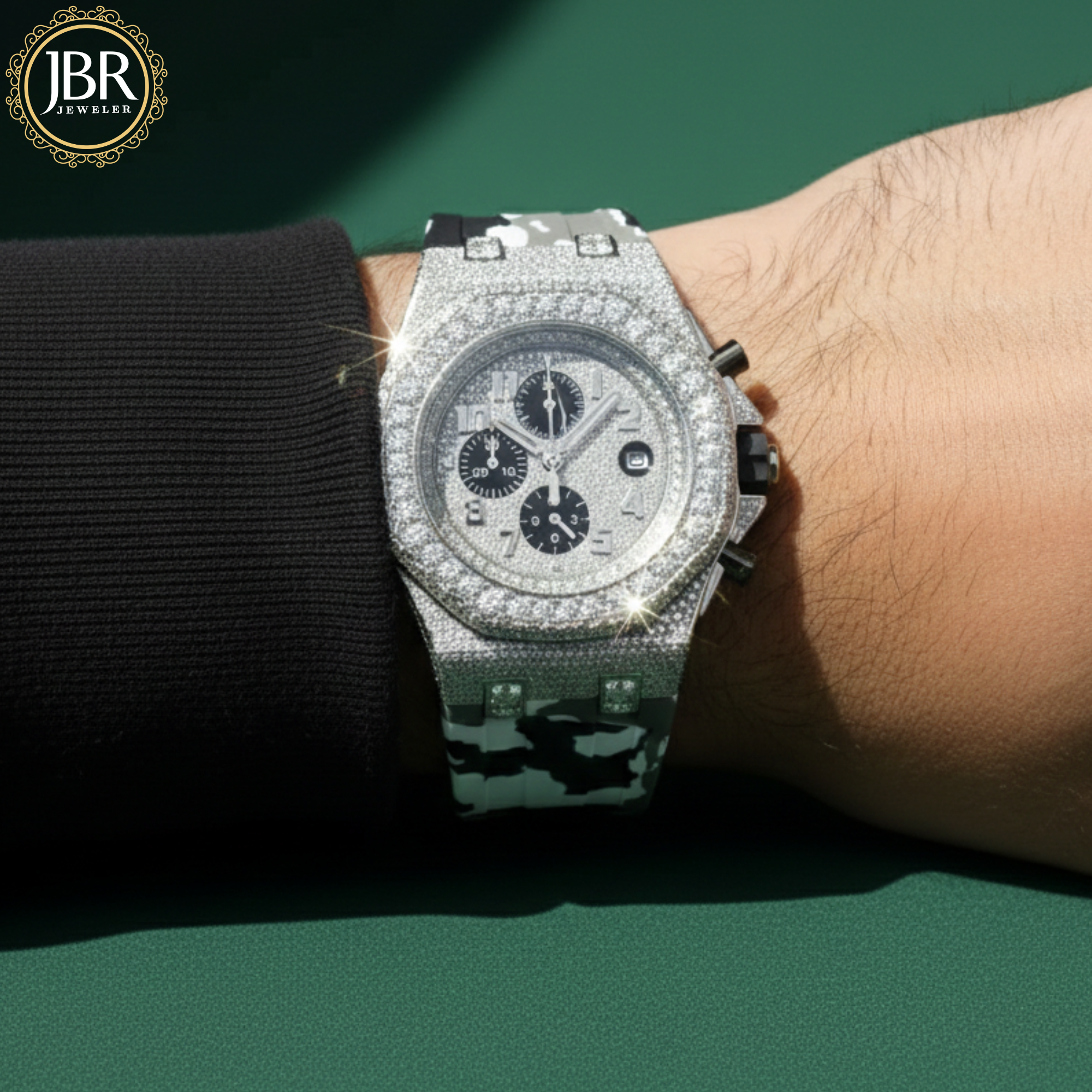 Military silicone strap iced hip hop moissanite diamond bling watch with sparkling stones, bold statement dial, and luxury streetwear design.