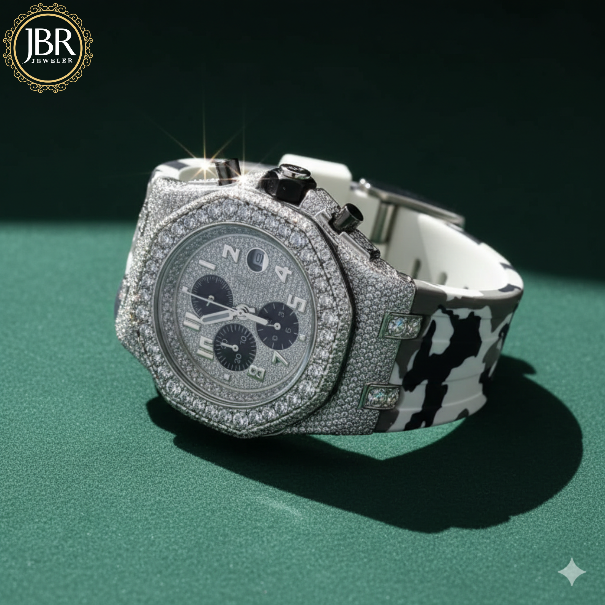 Military silicone strap iced hip hop moissanite diamond bling watch with sparkling stones, bold statement dial, and luxury streetwear design.