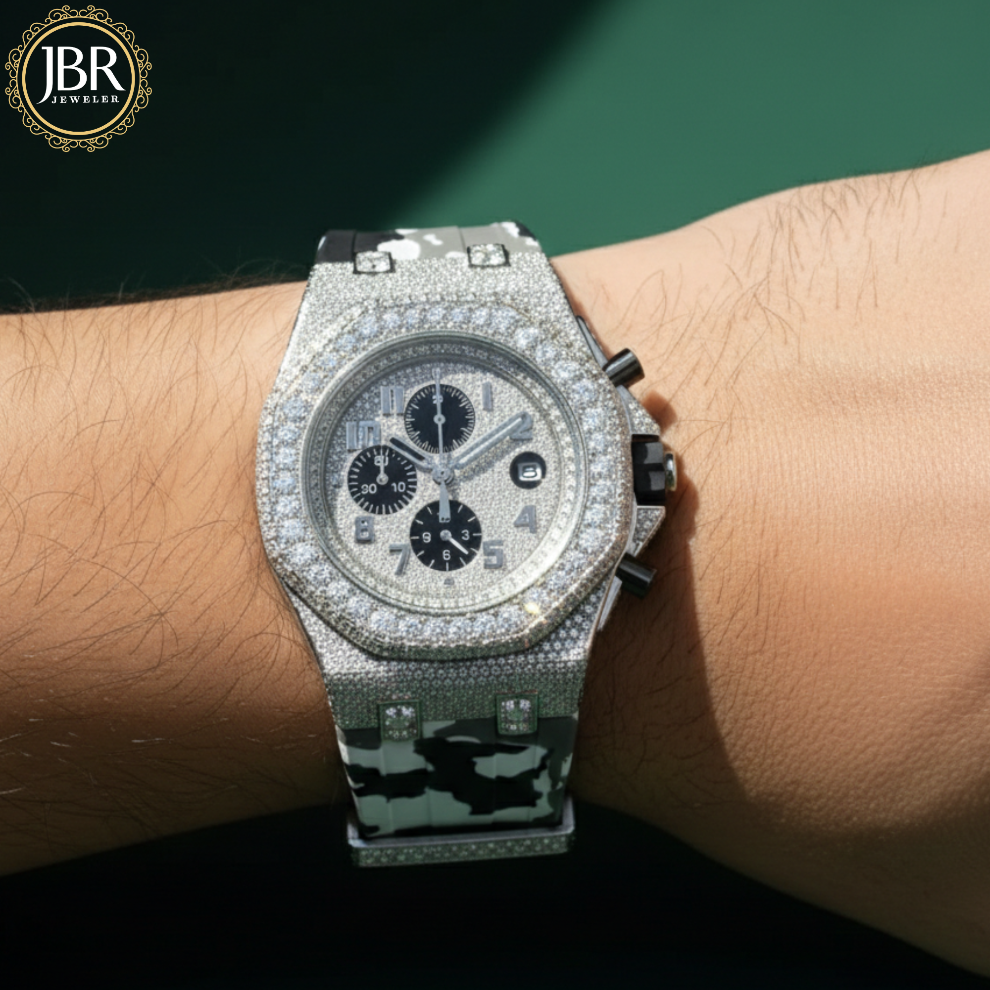 Military silicone strap iced hip hop moissanite diamond bling watch with sparkling stones, bold statement dial, and luxury streetwear design.