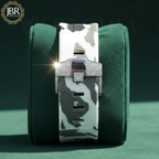 Military silicone strap iced hip hop moissanite diamond bling watch with sparkling stones, bold statement dial, and luxury streetwear design.