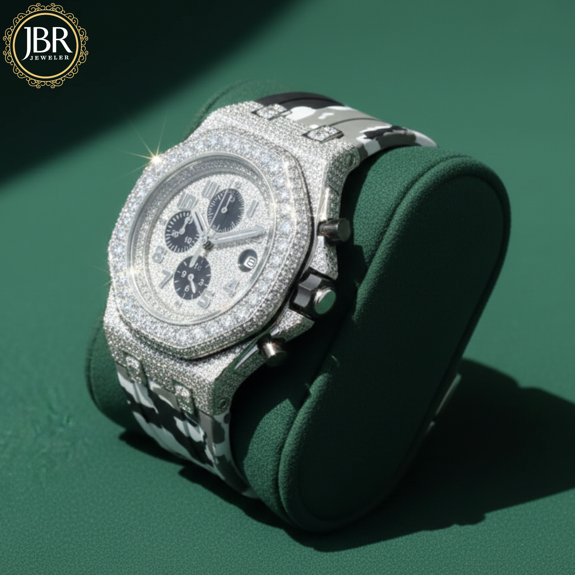 Military silicone strap iced hip hop moissanite diamond bling watch with sparkling stones, bold statement dial, and luxury streetwear design.