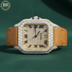 Mustard yellow leather belt round moissanite VVS iced out watch with sparkling stones, bold dial, and luxury hip hop style design.