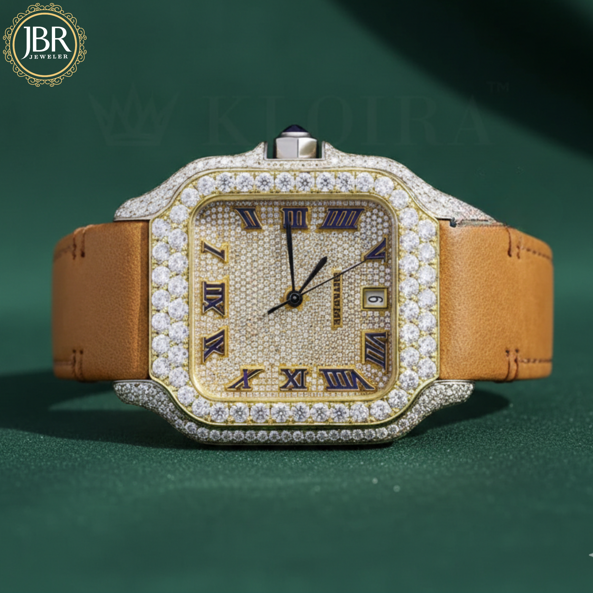 Mustard Yellow Leather Belt Round Moissanite VVS Iced Out Watch