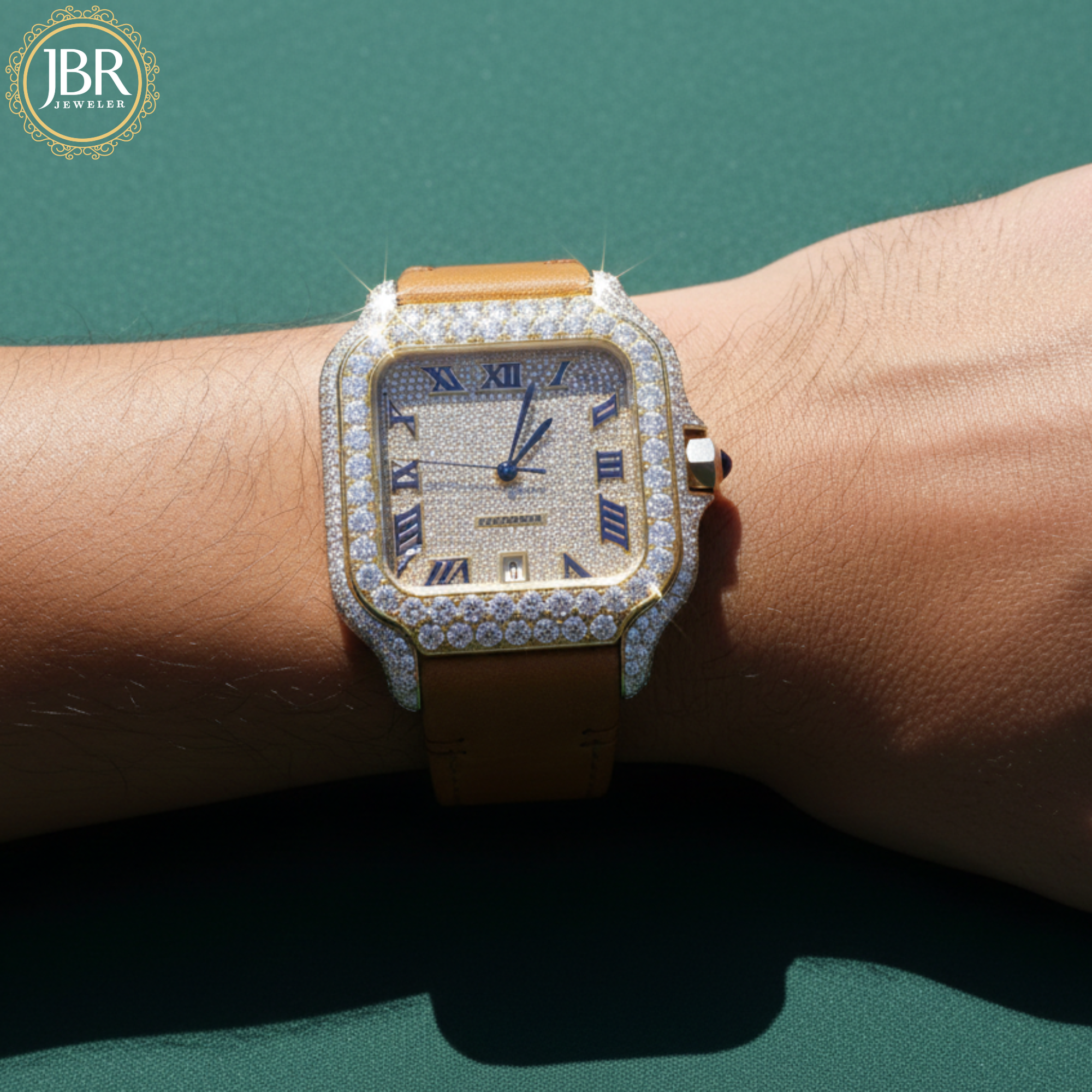 Mustard yellow leather belt round moissanite VVS iced out watch with sparkling stones, bold dial, and luxury hip hop style design.