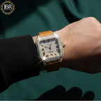 Mustard yellow leather belt round moissanite VVS iced out watch with sparkling stones, bold dial, and luxury hip hop style design.