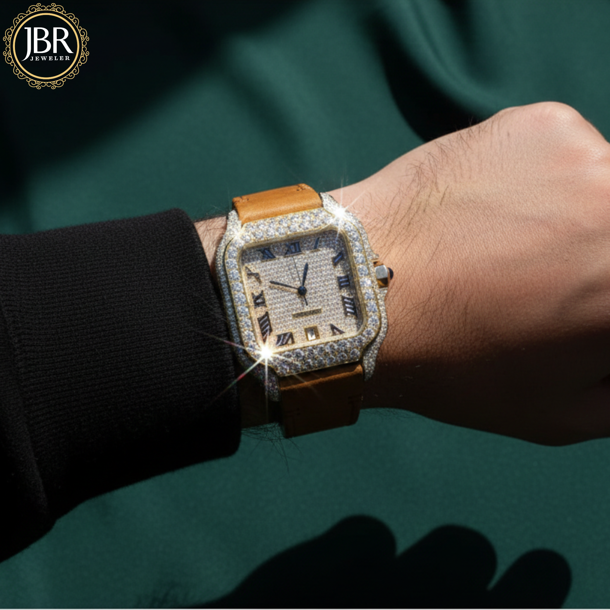 Mustard yellow leather belt round moissanite VVS iced out watch with sparkling stones, bold dial, and luxury hip hop style design.