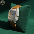 Mustard yellow leather belt round moissanite VVS iced out watch with sparkling stones, bold dial, and luxury hip hop style design.