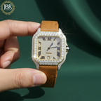 Mustard yellow leather belt round moissanite VVS iced out watch with sparkling stones, bold dial, and luxury hip hop style design.