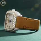 Mustard yellow leather belt round moissanite VVS iced out watch with sparkling stones, bold dial, and luxury hip hop style design.