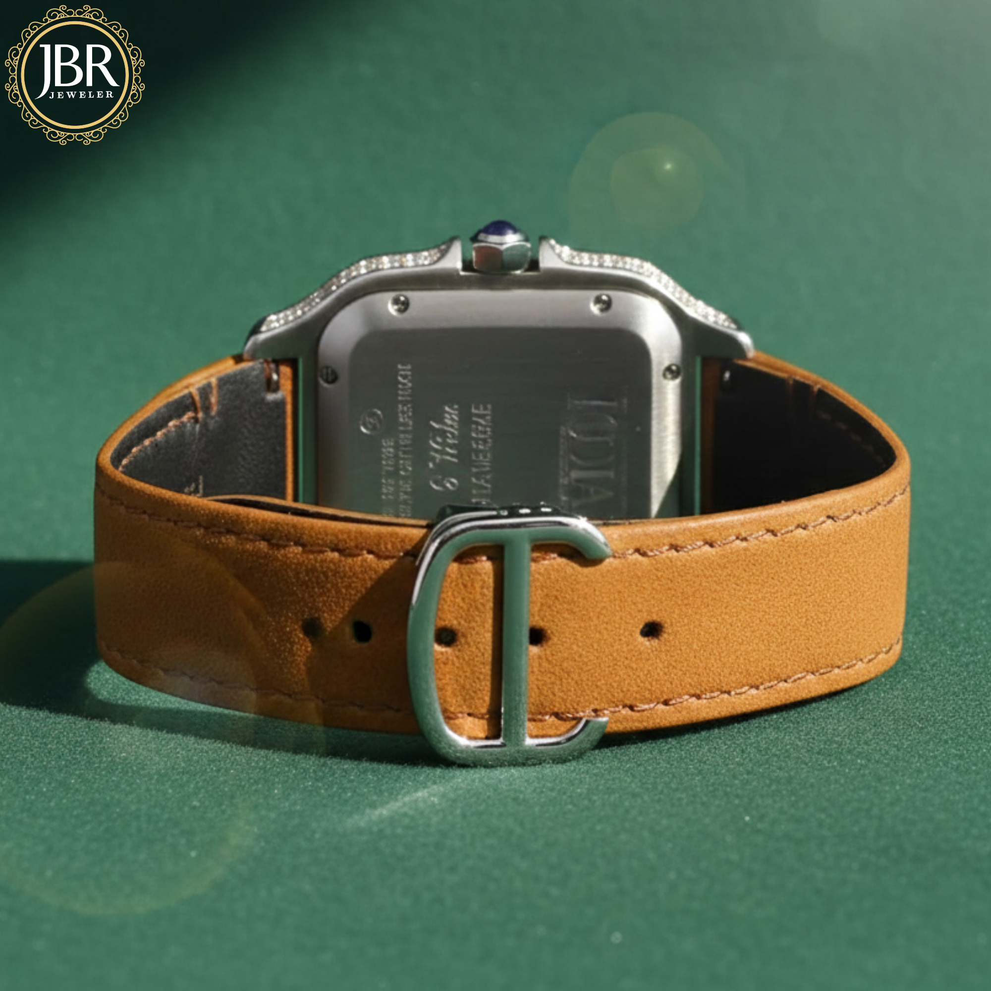 Mustard yellow leather belt round moissanite VVS iced out watch with sparkling stones, bold dial, and luxury hip hop style design.