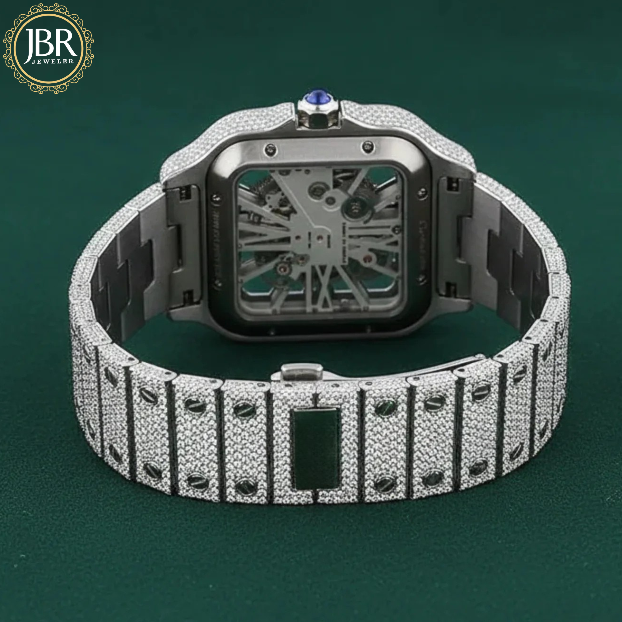 New style men’s skeleton watch featuring a Jesus face design, fully iced out with VVS moissanite stones on the bezel, dial, and band for a bold, high-shine luxury look.