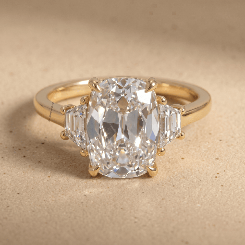 Old cushion cut lab grown diamond three stone ring
