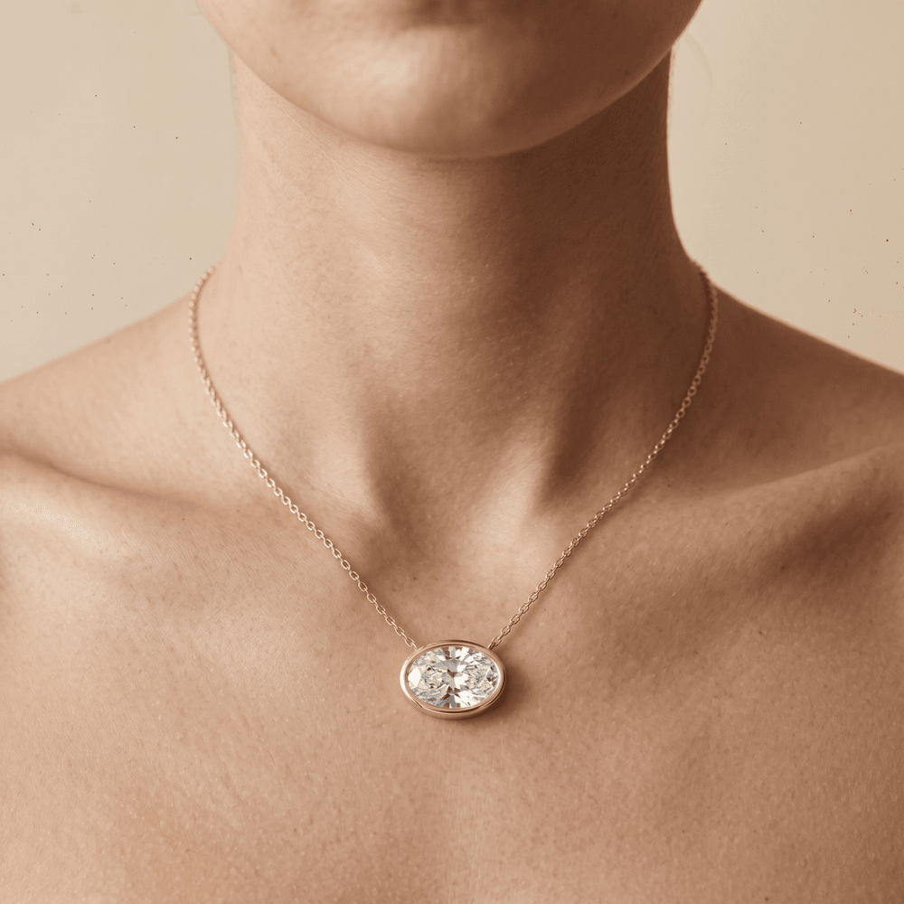 Oval Bezel Cut Solitaire Diamond Pendant Necklace in 14K Gold