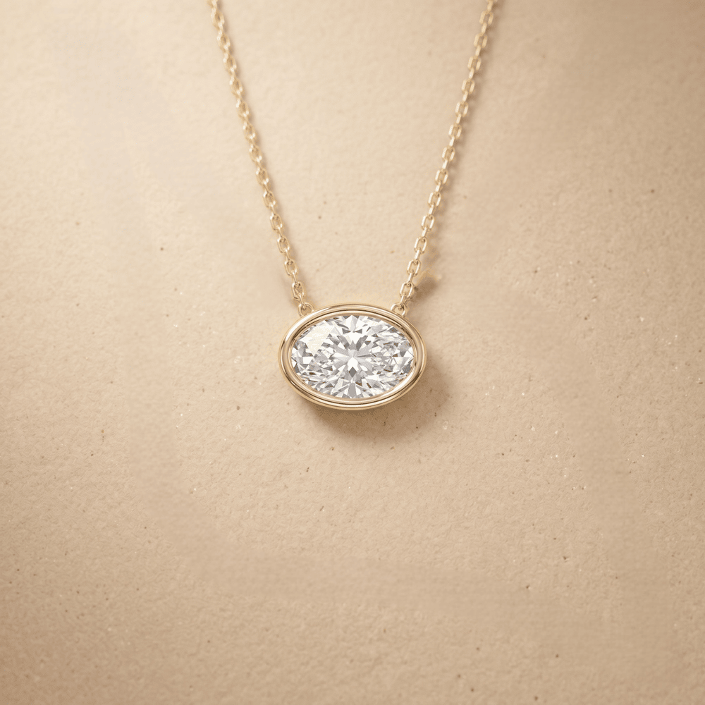 Oval Bezel Cut Solitaire Diamond Pendant Necklace in 14K Gold