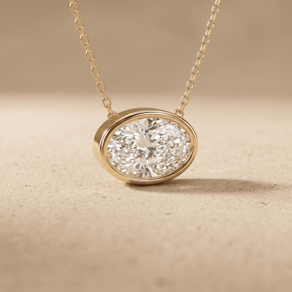 Oval Bezel Cut Solitaire Diamond Pendant Necklace in 14K Gold