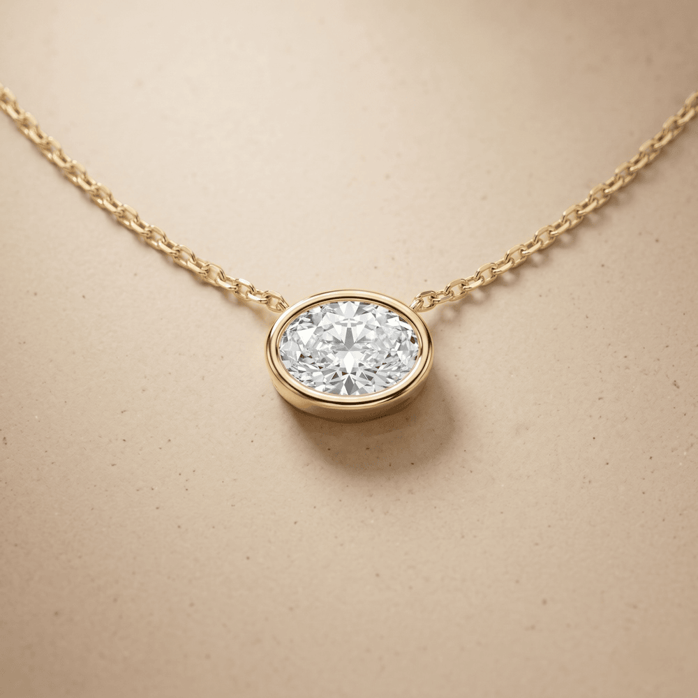 Oval Bezel Cut Solitaire Diamond Pendant Necklace in 14K Gold