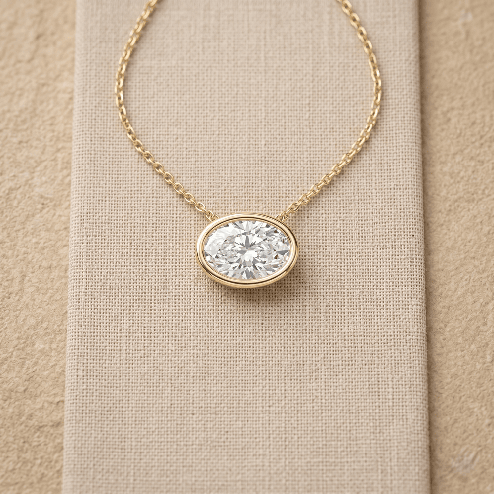 Oval Bezel Cut Solitaire Diamond Pendant Necklace in 14K Gold