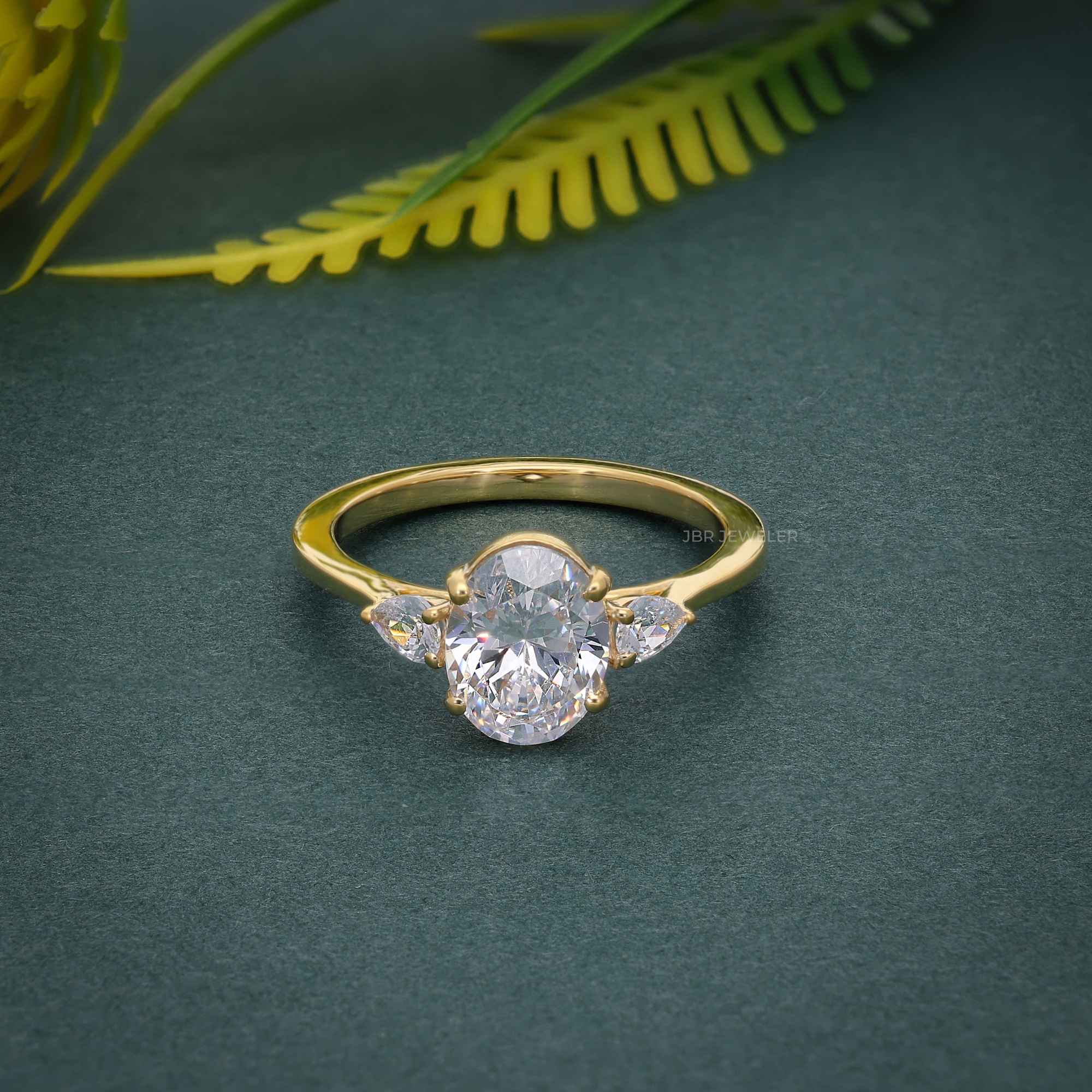 Three Stone Oval Moissanite Engagement Ring With Side Stone Pear