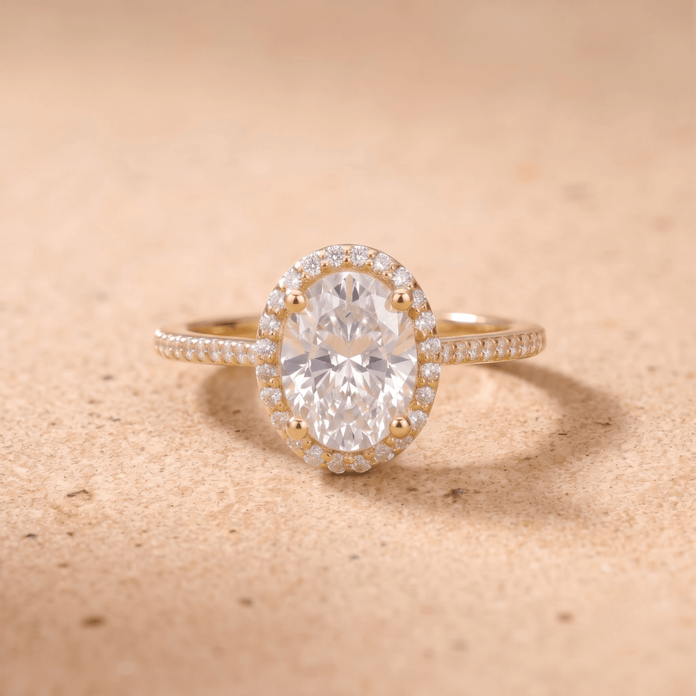 Close-up of oval diamond halo setting