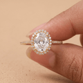 Oval cut lab grown diamond halo ring in 14K gold