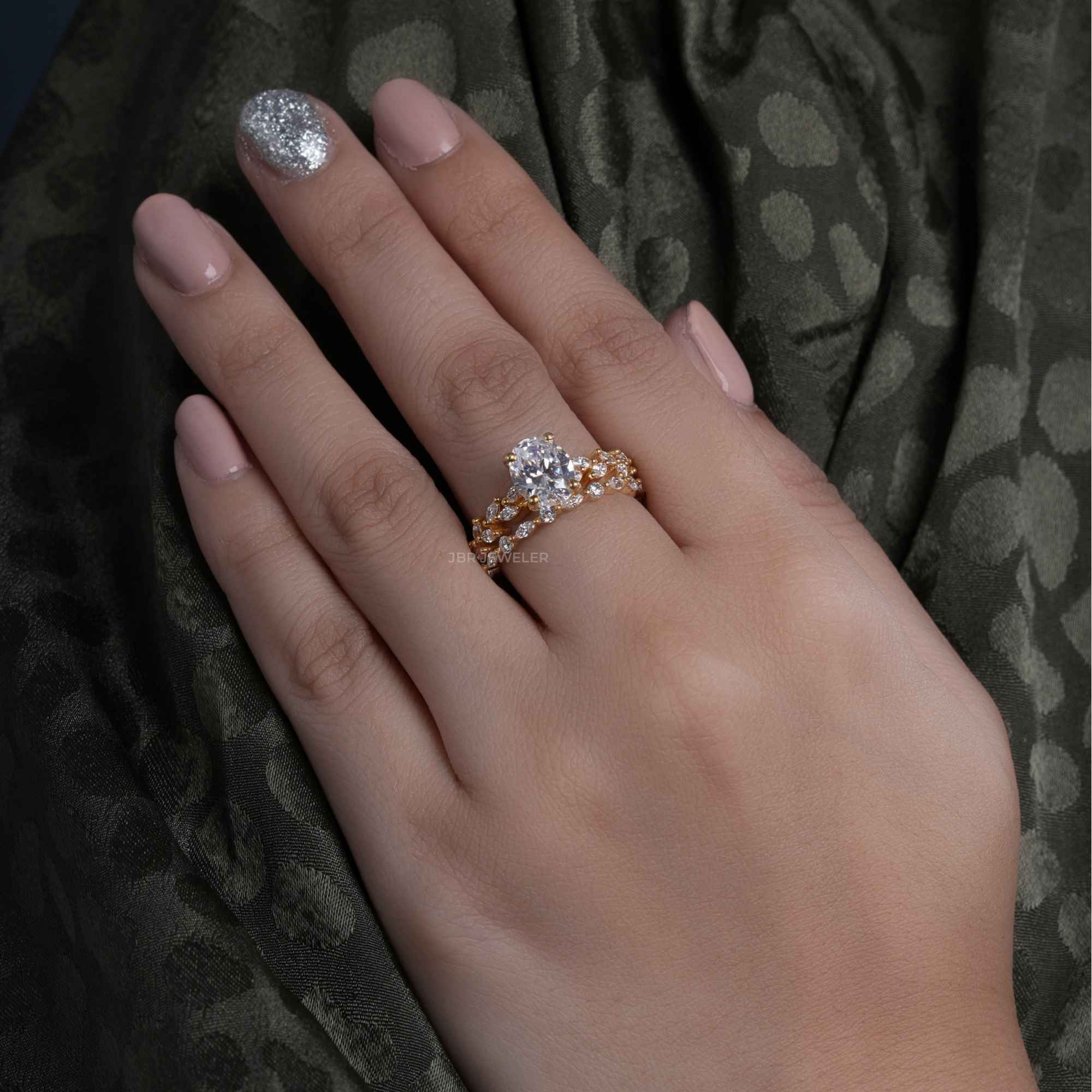 Oval Cut Lab Grown Engagement Ring Set Unique Bridal Set - JBR Jeweler