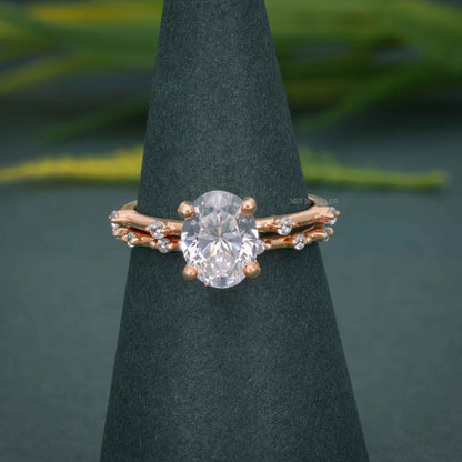 Bague de fiançailles Moissanite de coupe ovale avec ensemble de bagues de mariée assorties