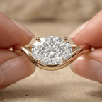 East west oval lab grown diamond engagement ring in yellow gold