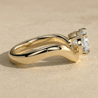 Oval East West Lab Diamond Ring - 14K Yellow Gold Wave Band - view 5