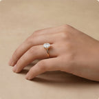 East west oval solitaire ring on model's hand
