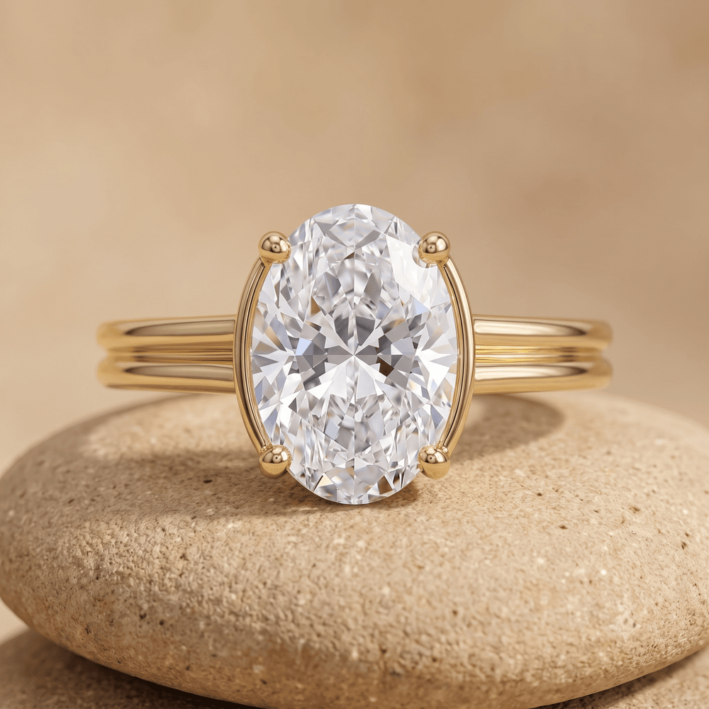 Oval cut lab diamond cathedral solitaire ring front view