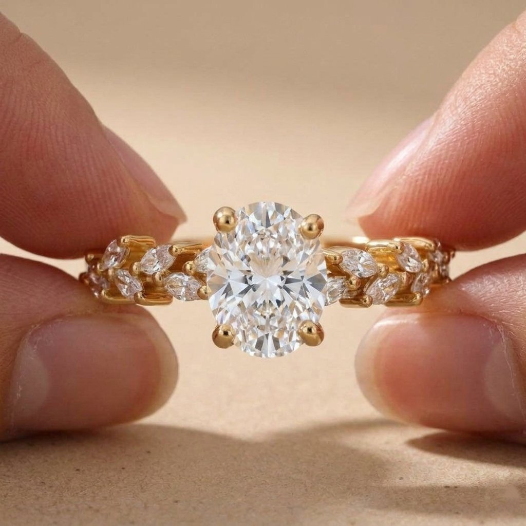 Oval lab grown diamond engagement ring with marquise accents