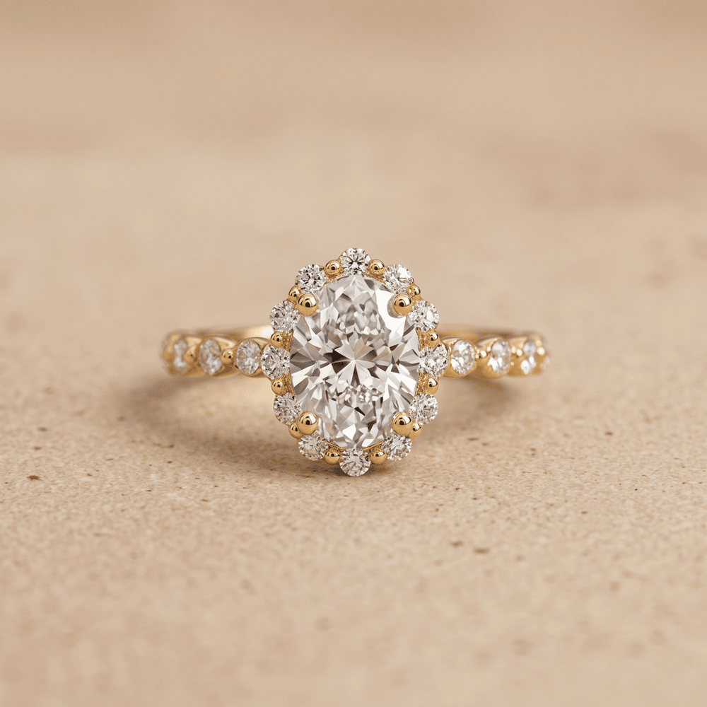 Oval lab diamond ring with shared prong halo setting