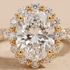 Shared prong oval halo ring close-up