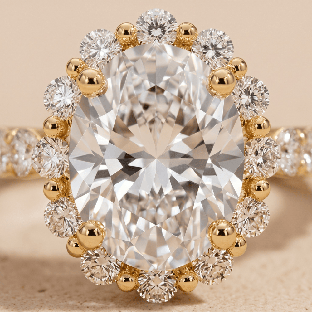Shared prong oval halo ring close-up