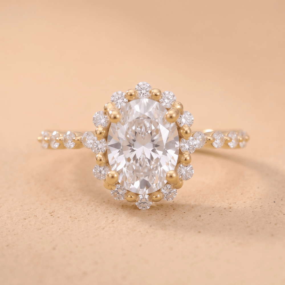 Shared prong halo promise ring in gold