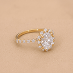 Lab grown diamond halo ring on hand