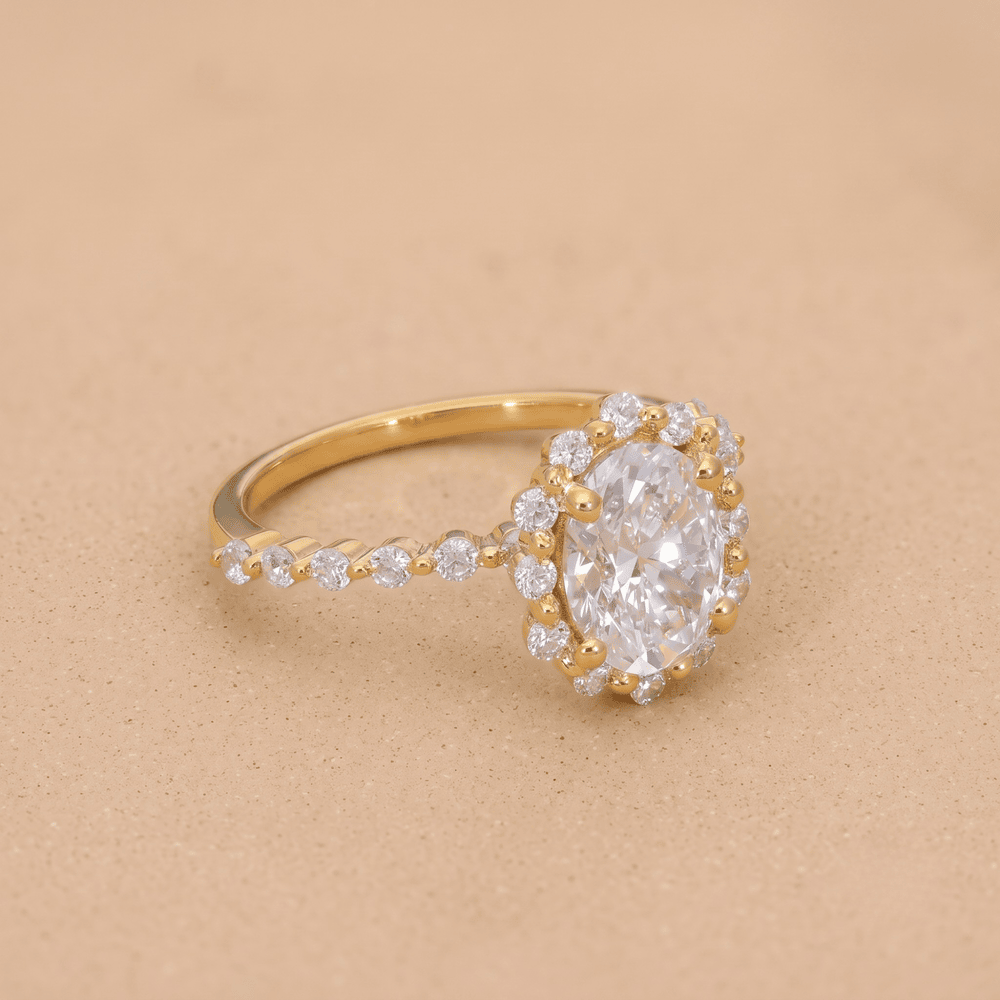Lab grown diamond halo ring on hand