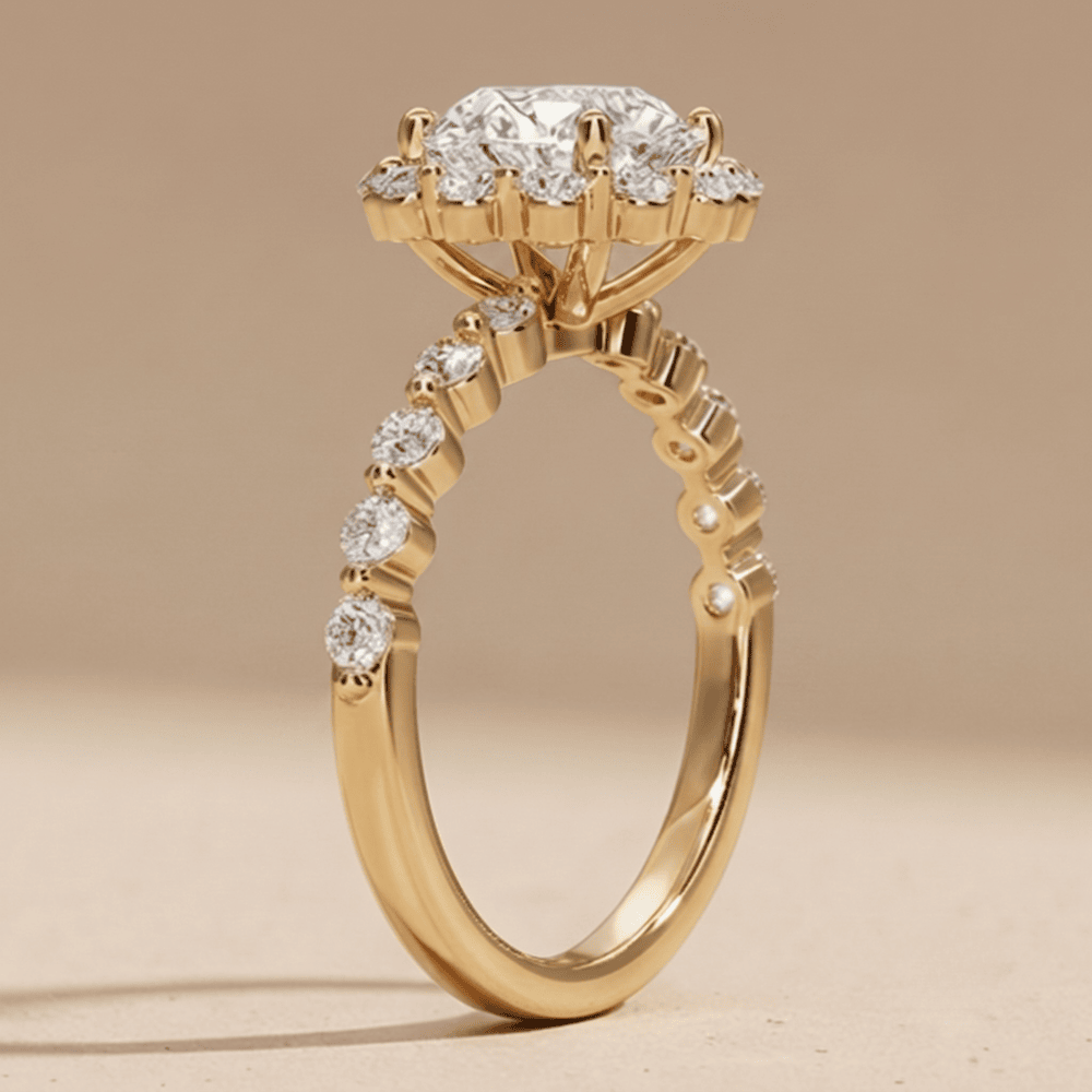 Shared prong diamond ring sparkle detail
