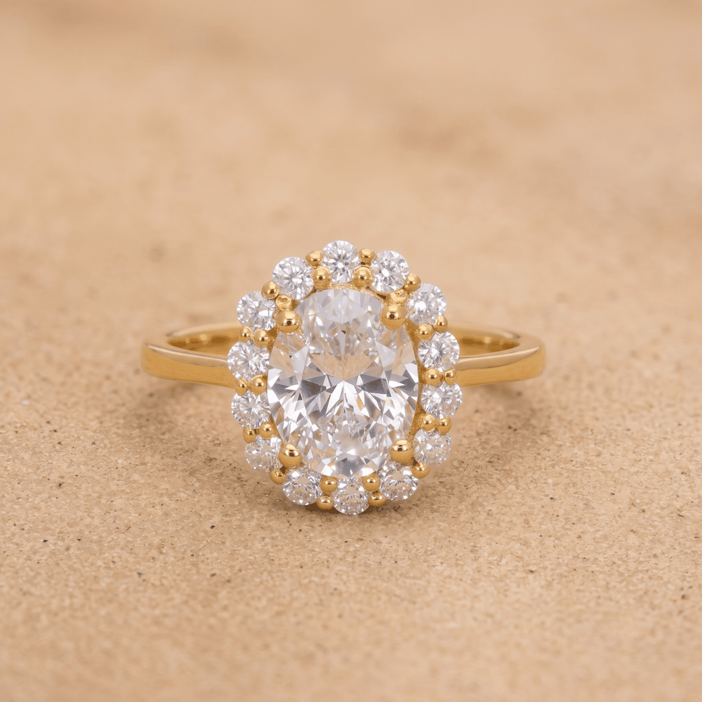 Oval diamond ring halo setting macro shot