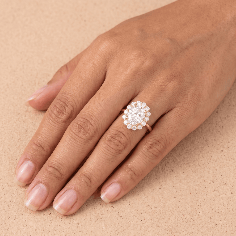 Oval lotus halo ring on model's hand