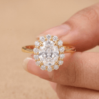 Oval lotus halo ring on model's hand